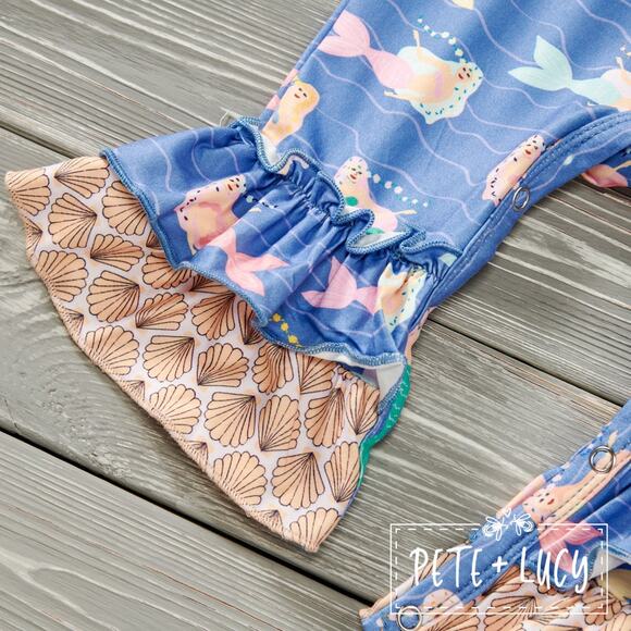 PETE + LUCY Mermaid and Shells Blue Yellow Romper 0-3 Months NEW - Picture 2 of 6